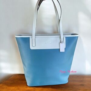 Coach Large City Tote Blue White Leather Shoulder Bag Work Tote H1320